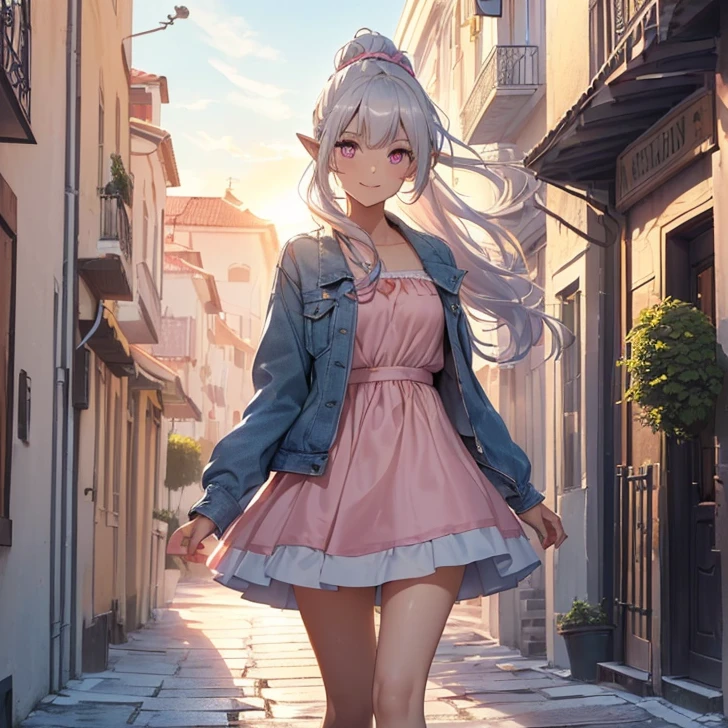 Silver hair, pink eyes, body, cat ears, woman, earrings, fantasy background, pink red clothes, hair bows, happy face, full body