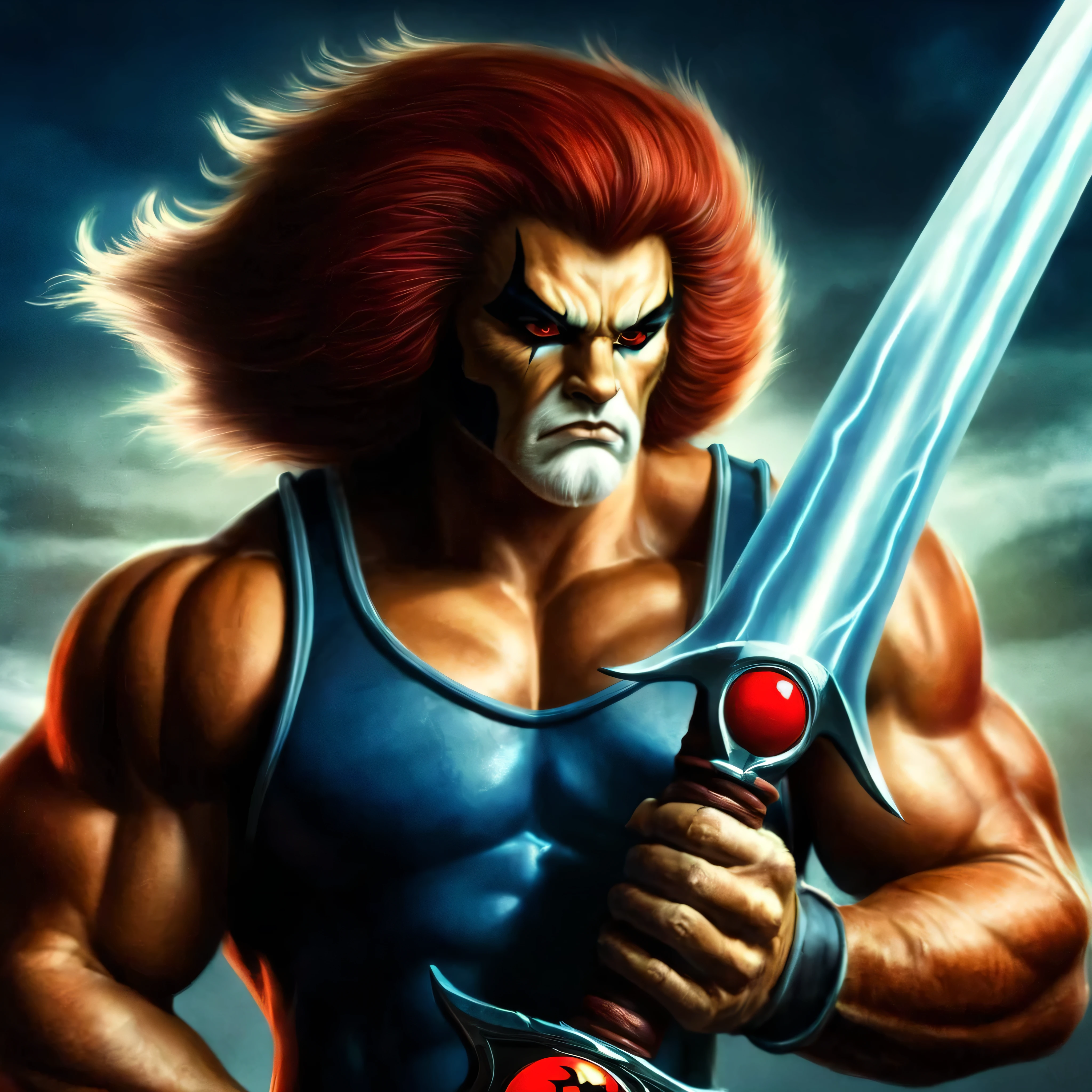 a cartoon of a man with a sword and a helmet, style Thundercats, Lion!!!, Lion!!, , Lion, filming, with a dark way, portrait of him - man, inspired by Rob Liefeld, filming animation, thundercats, 90s comic book character design, Tandera eye