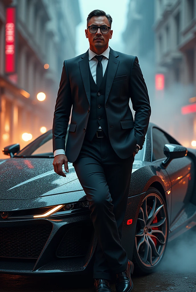Create a vibrant and eye-catching 3D thumbnail for a YouTube video. The image should portray a charismatic and confident male figure, wearing an elegant suit with a tie and a vest, symbolizing power and style. The character is in a luxury car, with a city night background, neon lights reflecting on the car's shiny paint. in background whith, include feminine figures with a mysterious and seductive look, suggesting an atmosphere of danger and desire. Expressions and postures should convey a blend of romance and rebellion. Add elements of luxury and temptation, like a luxurious car key highlighted and money notes around. From the top of the image, Include the song title "Want to Stay With Me" in large, striking letters, with a modern and bold font.