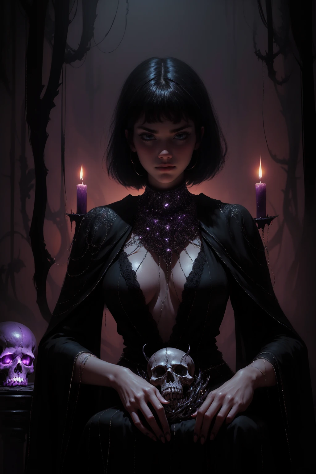 {-erro_de_anatomia:1.0} woman 30 years old, witchcraft, magician,magic clothes, where poison potions and vines abound, a woman (ruthless), short black hair (black hair), (bangs), (purple eyes), looks at you amidst a pile of bones and skulls. Indifferent look , merciless. among the skulls, dancing witk a demon, Angry face, dinamic poses, egoist smile,