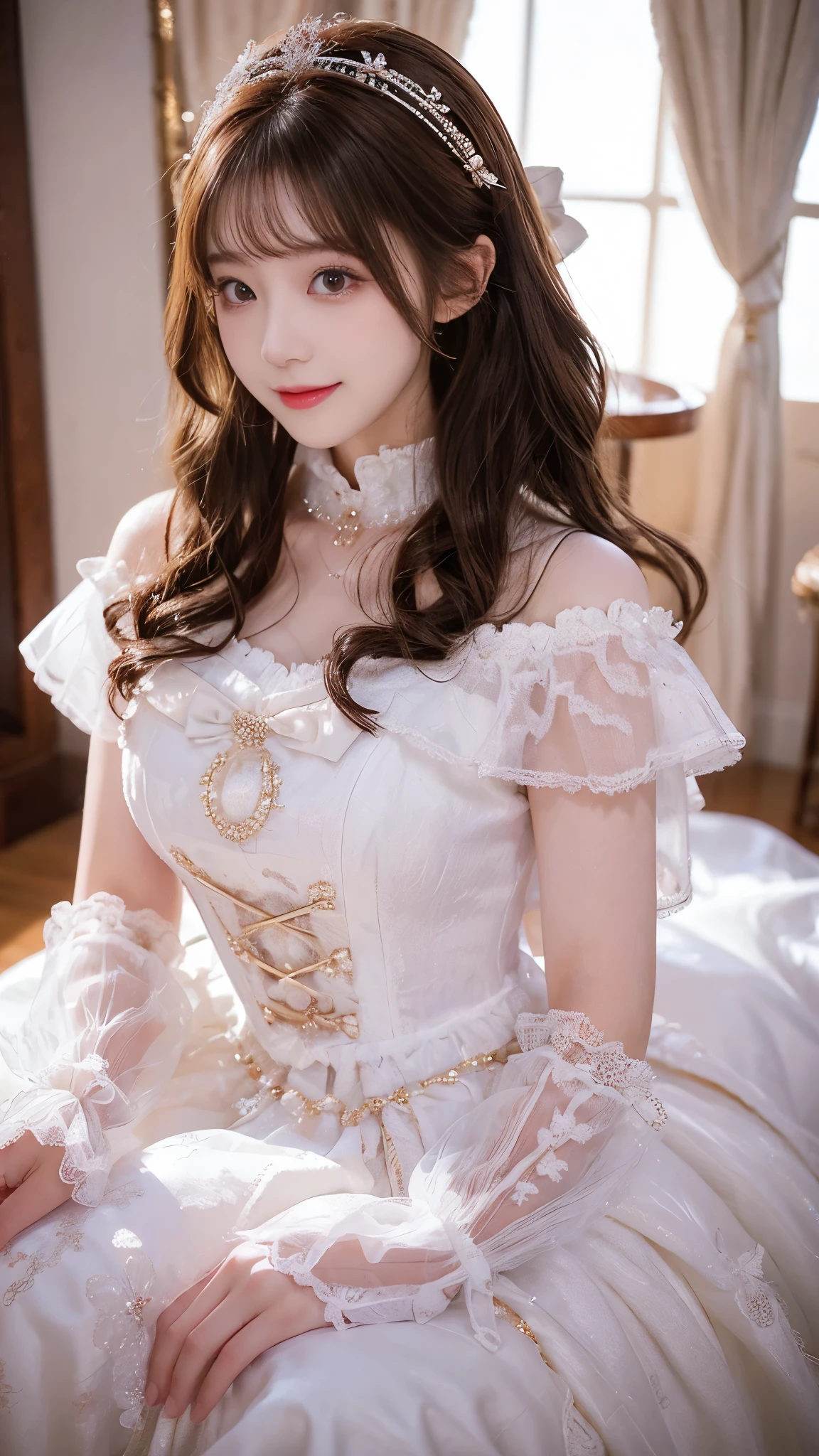 beautiful princess woman, chestnut hair , beautiful eyes, smiling, actual , Full HD, very nice dress ,Fluffy dress ,Curvy body,Gorgeous scene,Gorgeous decoration