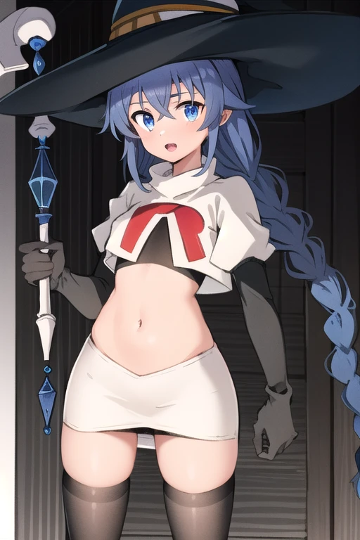 1girl, solo, roxy migurdia, blue hair, long hair, low twin braids, hair ribbon, hair between eyes, ahoge, blue eyes, small breasts, witch hat, team rocket,team rocket uniform,white skirt,red letter R,crop top,black thigh-highs,black elbow gloves, holding staff, looking at viewer, 