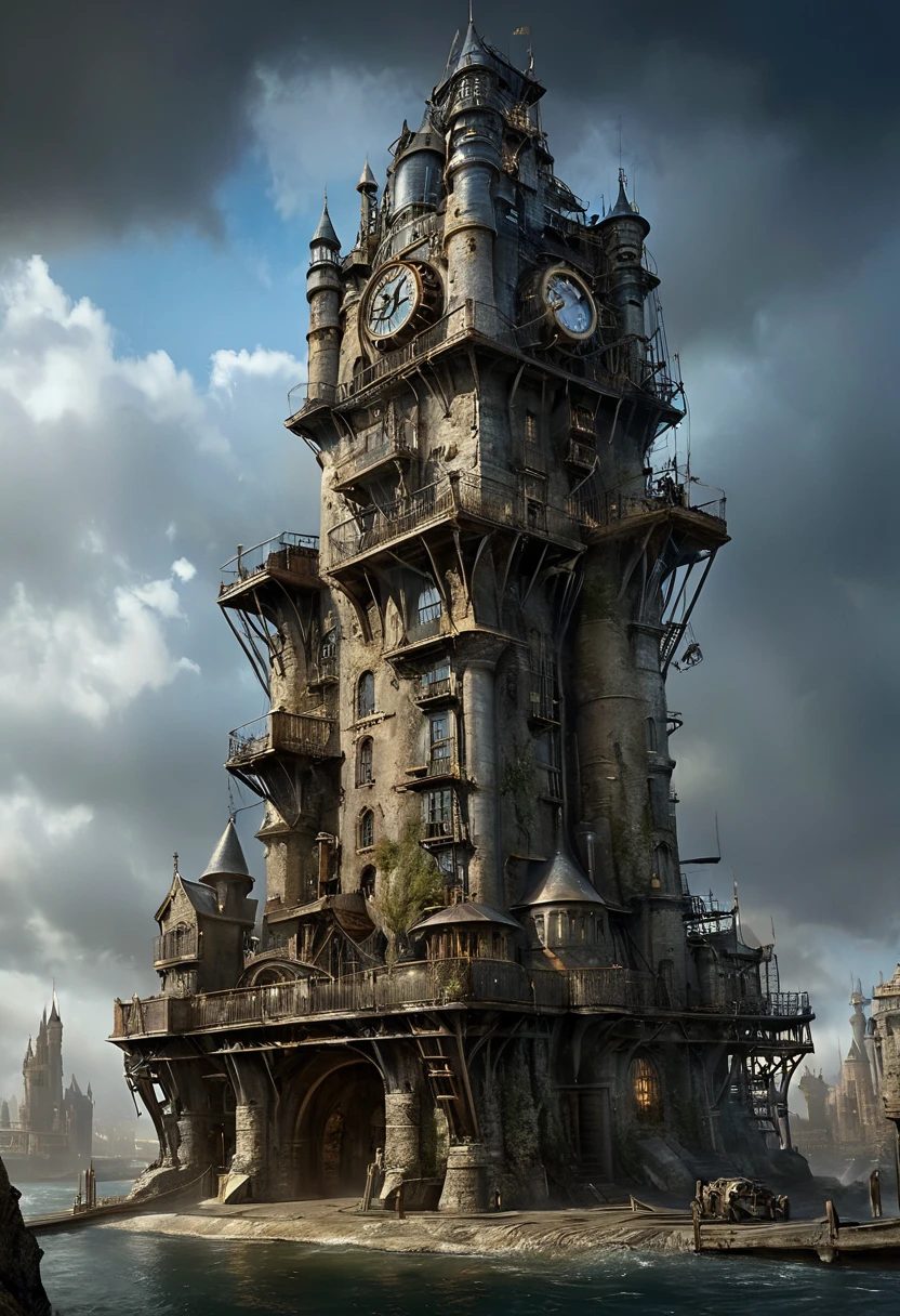 a steampunk lonely big tower, fantasy atmosphere, realistic,  cinematic, long stairs 