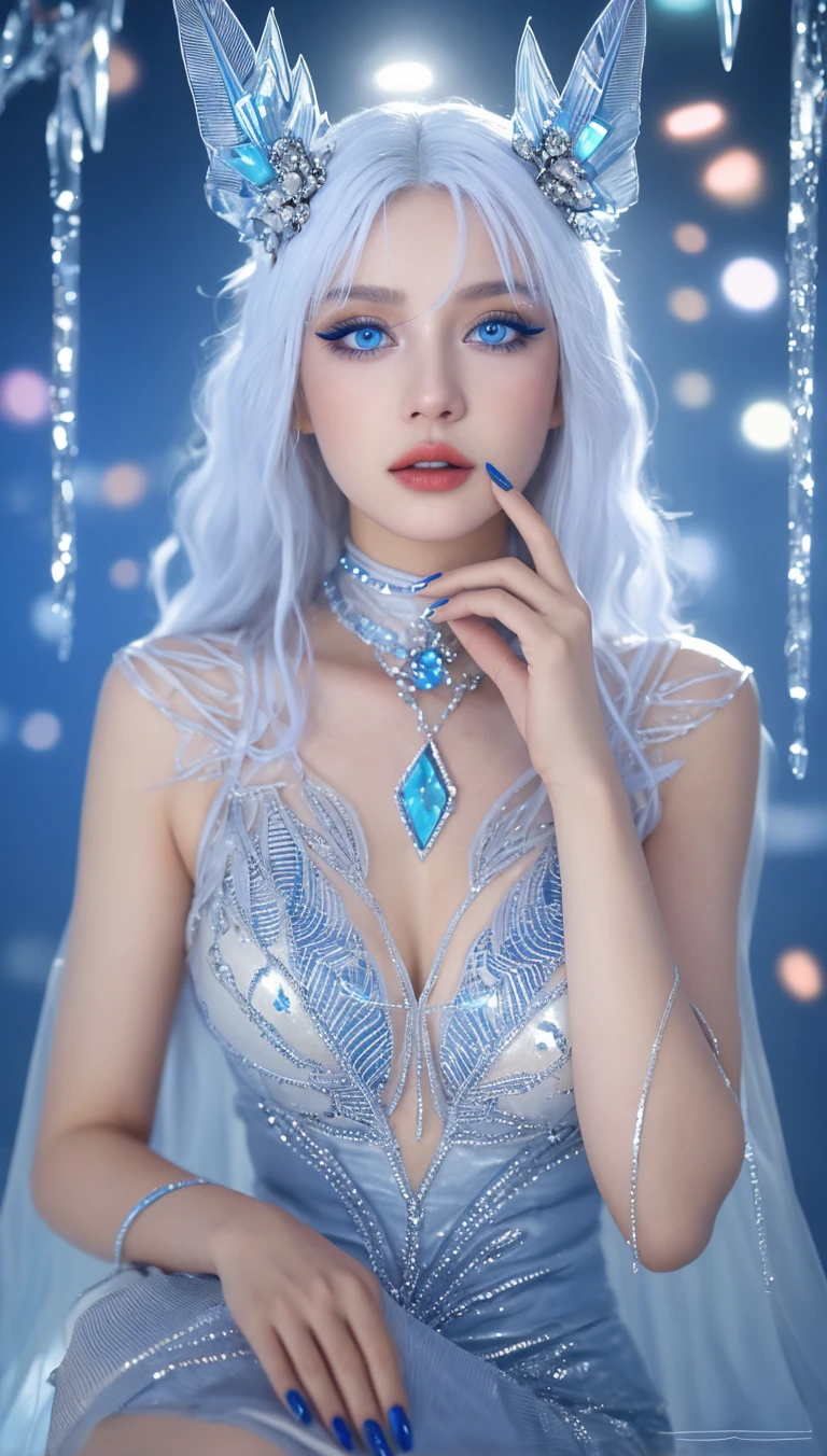 (masterpiece, 8k, best quality, RAW photo, photo realistic, ultra detailed), (insanely detailed and intricate:1.2), (Artstation), (beautiful Japanese girl), (fair skin:1.4), slender, 20yo, kawaii, cute, detailed face, detailed eyes, ((blue eyes:1.4)), (thin eyebrow), detailed skin, (white hair:1.4), (wavy hair), (medium hair), blush, (small breasts), cleavage, (wearing white evening dress:1.3), (detailed fabric), (wedgie), earrings, (necklace), bracelet, (looking at viewer:1.4), (close-up face:1.1), (seductive pose:1.2), (standing:1.2), (arm behind head), (smile), BREAK (surrounded by twinkle stars:1.4), (particle of lights:1.4), (aurora:1.3), (night), (cowboy shot)