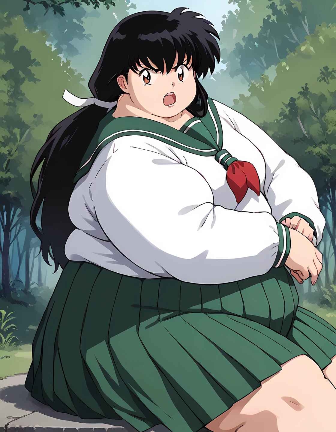 score_9, score_8_up, score_7_up, source_anime,
kagomehigurashi, kagome higurashi, long hair, black hair, retro artstyle, brown eyes, angry, shouting, open mouth,
skirt, shirt, long sleeves, school uniform, white shirt, pleated skirt, serafuku, sailor collar, green skirt, 
outdoors, forest, nature,
looking at viewer,  fat, chubby, obese, gigantic arms and legs,  sitting, side view