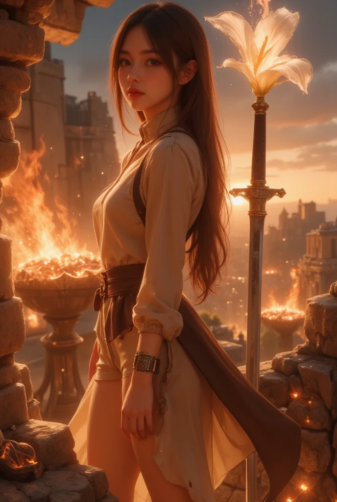  1 girl, bangs, breathing , combustion, Burnt clothes, embers, Ahoge, Beige Hair, Multicolored Hair, , inflammation,  framing sword , (Put your hand on the handle),  standing , Long Hair,  Pyrokinesis, Expressionless, cigarette, flower(symbol),  Alone, spark, sunset, evening, White Flower, Molten rock, Lily (flower),   Flaming Flower ,  depth of field, combustion ,