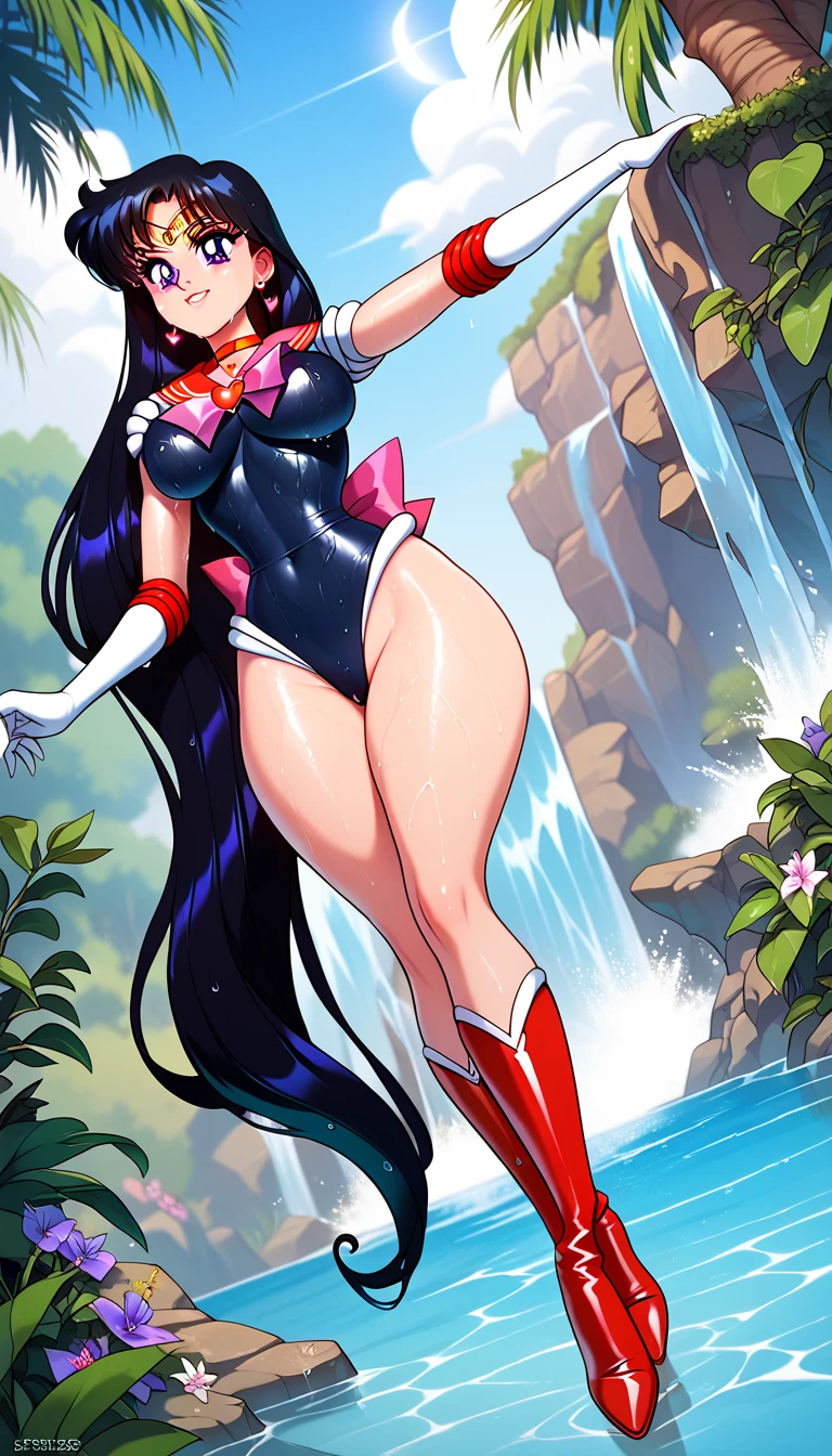 masterpiece,  best quality , 1 , Sailor Mars(Sailor Moon) black hair , purple eyes ,Wear a black swimsuit,red boots, Big breasts , thick thighs , perfect anatomy,detailed, Sun lounger standing on a waterfall,wet,tiptoe,  Dutch Angle , Luminosity and Brightness , perfect body 