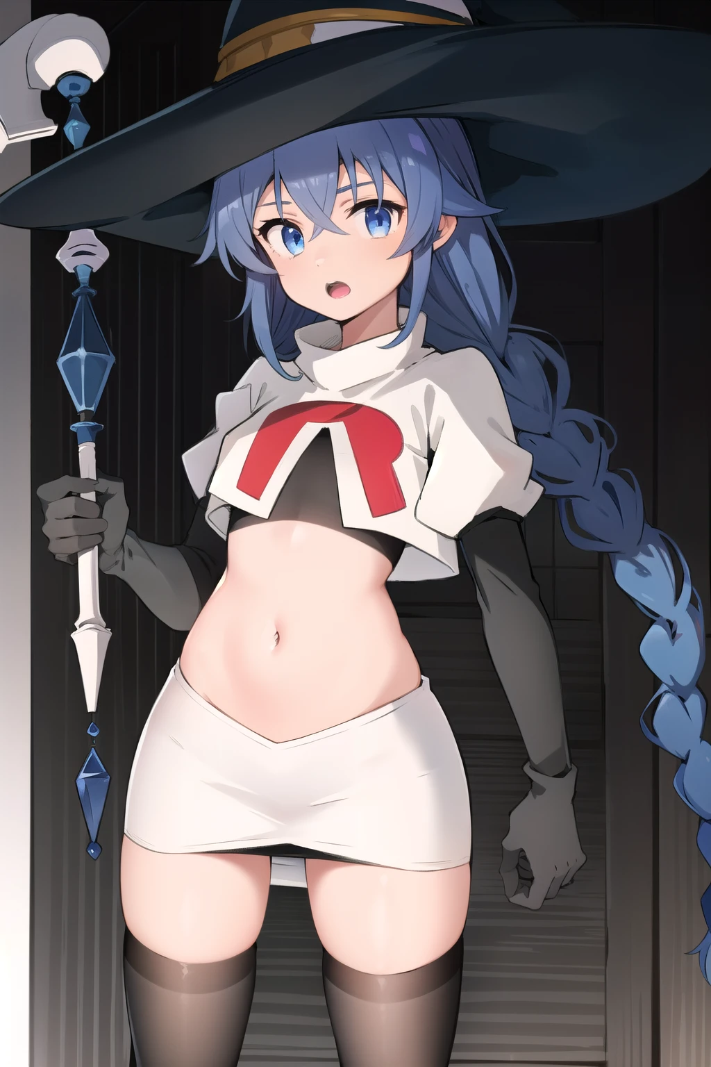 1girl, solo, roxy migurdia, blue hair, long hair, low twin braids, hair ribbon, hair between eyes, ahoge, blue eyes, small breasts, witch hat, team rocket,team rocket uniform,white skirt,red letter R,crop top,black thigh-highs,black elbow gloves, holding staff, looking at viewer, 