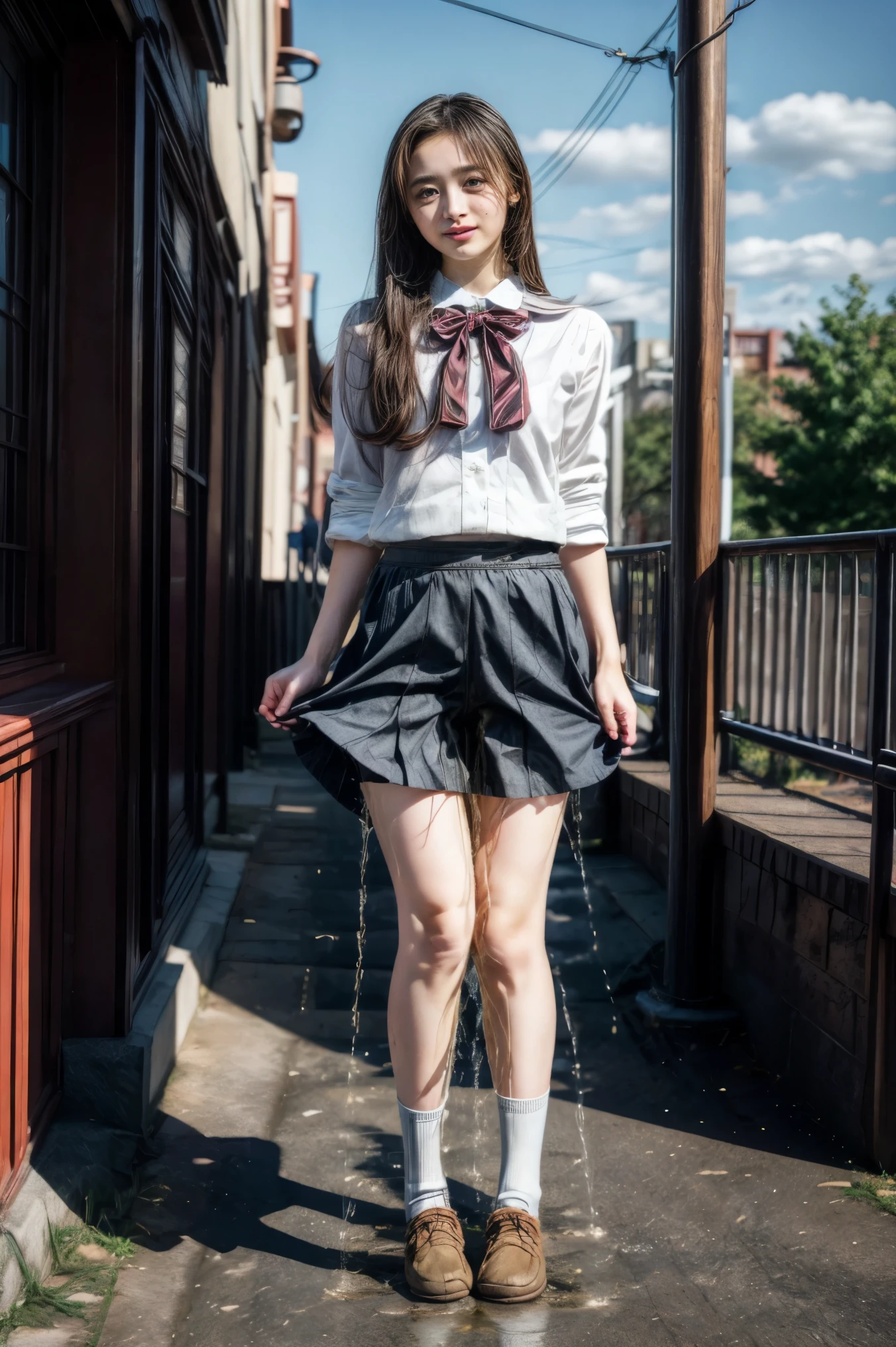 (masterpiece,best quality), (genuine, realistic, photo-realistic),8k,RAW photo, high resolution photograph of a Japanese beautiful girl, solo, 1girl, a high school student,beautiful face,thin nose,(dark hair,straight hair:1.2), (high school uniform:1.3), looking at viewer, (full body, standing, open legs, bowlegged, socks, loafers:1.5), (skirt lift, lifted by self, skirt 's hem grabbing:1.5), (peeing self, urination:1.6), (pee stain, pee running down her legs, pee puddle:1.2), photo background, Starbucks, coffee shop, terrace seats, cityscape, blue sky and clouds,