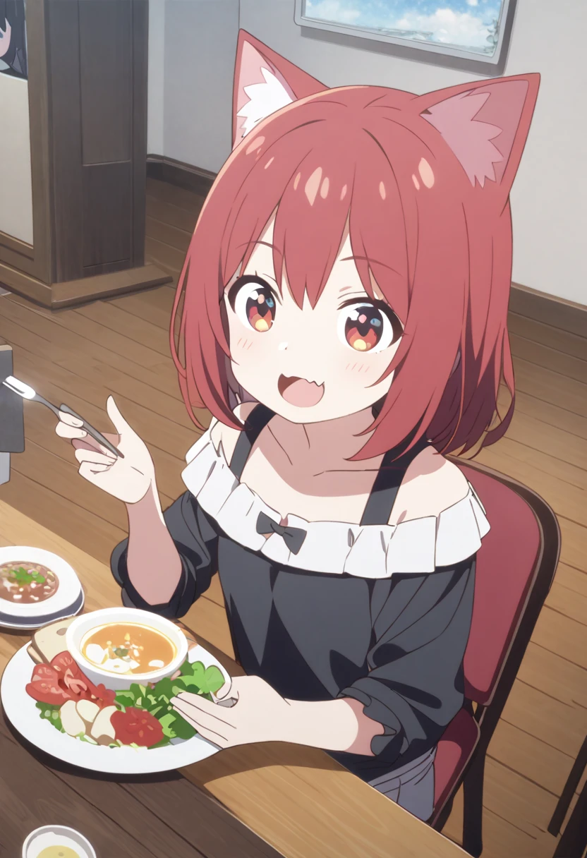  best quality、 one girl 、 small breasts、 red femboy shark cat、BLACK SHOULDER SHIRT 、 shorts、 GREY KNEE SOCKS 、Inside the house、 wooden table and chairs 、 Bread, soup, and salad are on the table、 GIRL EATING BREAKFAST 、smile