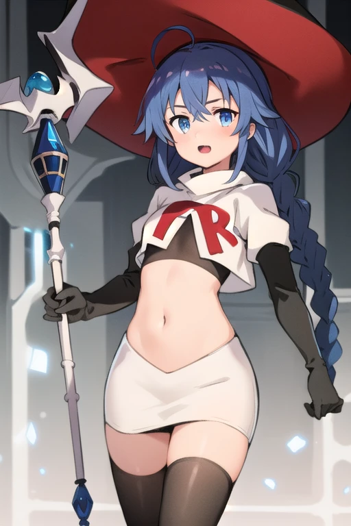 1girl, solo, roxy migurdia, blue hair, long hair, low twin braids, hair ribbon, hair between eyes, ahoge, blue eyes, small breasts, witch hat, team rocket,team rocket uniform,white skirt,red letter R,crop top,black thigh-highs,black elbow gloves, holding staff, looking at viewer, 