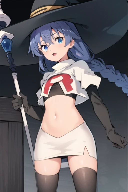 1girl, solo, roxy migurdia, blue hair, long hair, low twin braids, hair ribbon, hair between eyes, ahoge, blue eyes, small breasts, witch hat, team rocket,team rocket uniform,white skirt,red letter R,crop top,black thigh-highs,black elbow gloves, holding staff, looking at viewer, 