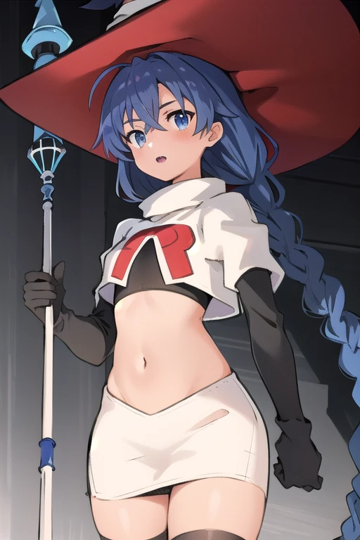 1girl, solo, roxy migurdia, blue hair, long hair, low twin braids, hair ribbon, hair between eyes, ahoge, blue eyes, small breasts, witch hat, team rocket,team rocket uniform,white skirt,red letter R,crop top,black thigh-highs,black elbow gloves, holding staff, looking at viewer, 