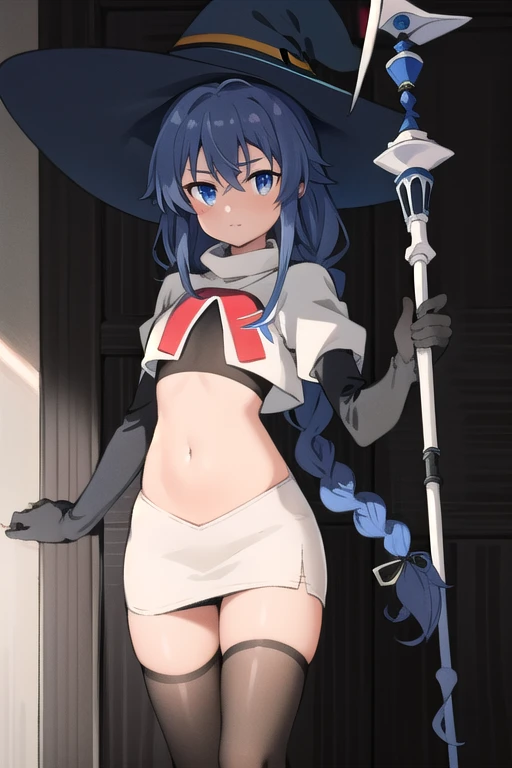 1girl, solo, roxy migurdia, blue hair, long hair, low twin braids, hair ribbon, hair between eyes, ahoge, blue eyes, small breasts, witch hat, team rocket,team rocket uniform,white skirt,red letter R,crop top,black thigh-highs,black elbow gloves, holding staff, looking at viewer, 