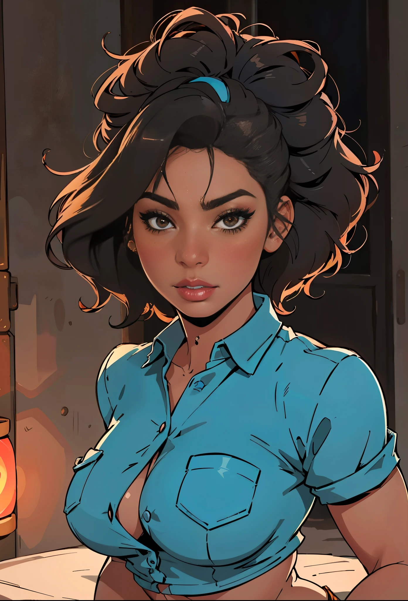 (light skin:1.1, thick thighs:1.1, nice breasts:1.1) afro, (tight:0.9) orange button down, 70s clothes anime superhero attire, holding a (kitana:1.1), (best quality:1.2), ultra-detailed, (realistic:1.37), portraits, vibrant colors, warm tones, soft lighting