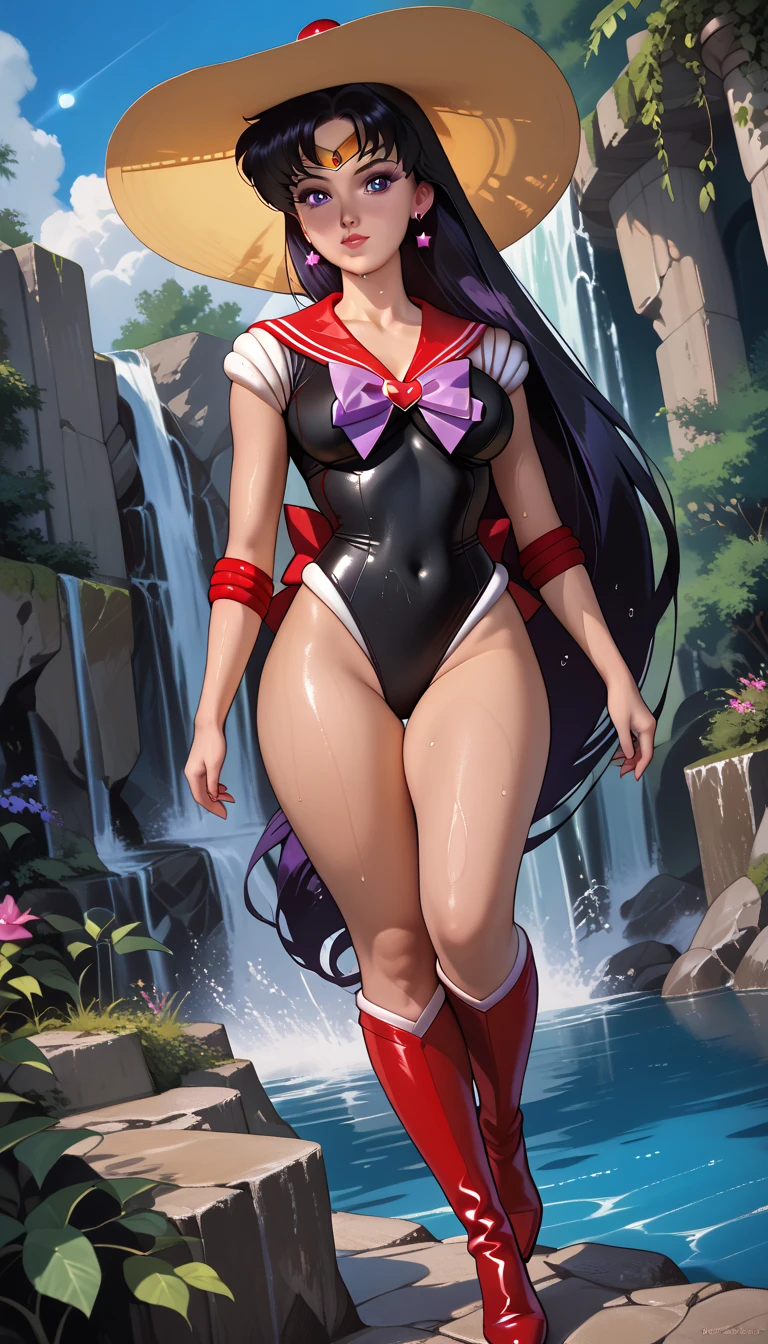 masterpiece,  best quality , 1 , Sailor Mars(Sailor Moon) black hair , purple eyes ,Wear a black swimsuit,red boots, Big breasts , thick thighs , perfect anatomy,detailed, Sun lounger standing on a waterfall,a flexed knee,wet,tiptoe,  Dutch Angle , Luminosity and Brightness , perfect body 