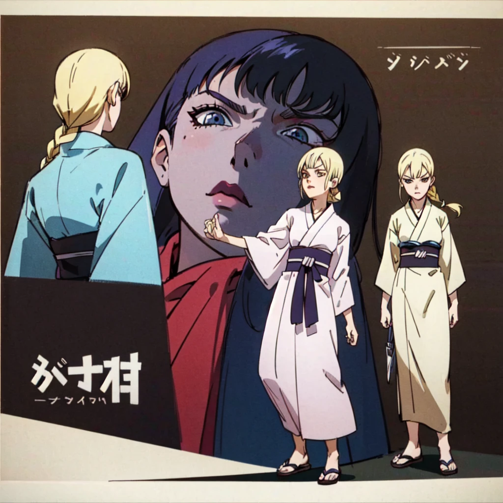 Character design sheet , Same character, front, side, back),  illustration, 1 girl, blondie, hairpin, bangs, hairstyle fax , eyes,  environment Scene change , hairstyle fax , Pose Zitai, female,  kunoichi kimono , Charturnbetalora,  Full body character sheet, blonde hair, Single braid,  High resolution,  masterpiece,  Anatomically correct ,  The best quality