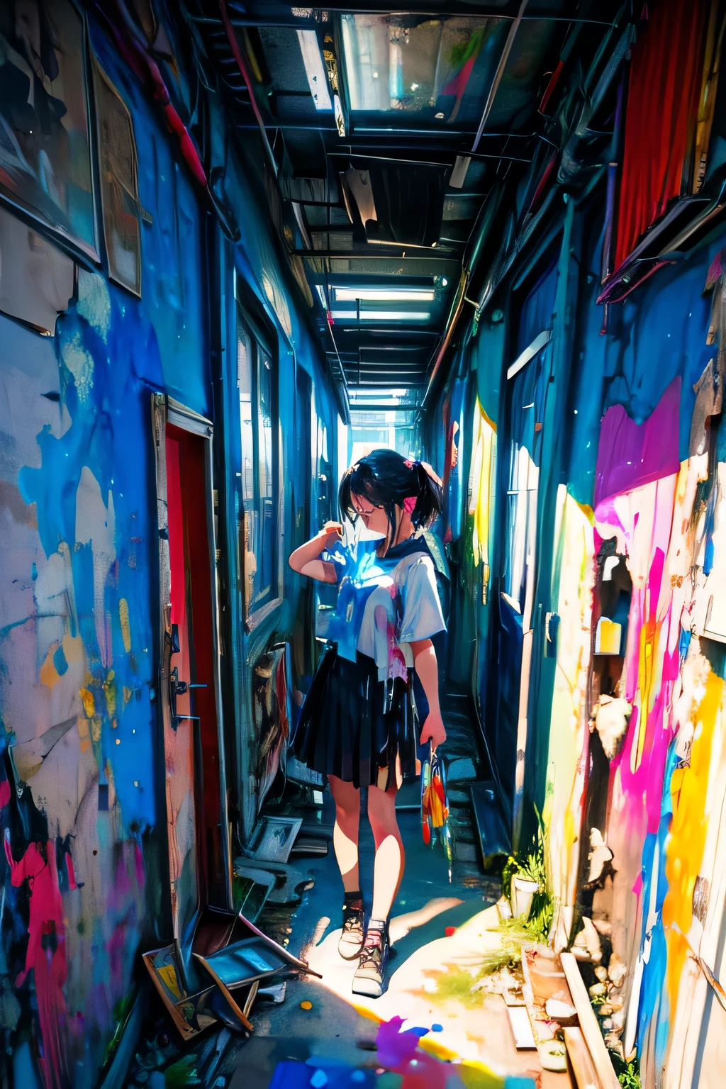 1girl,solo,cool,shirt and skirt,art student,she has a brush,she is painting the wall,big paint,paint the whole wall,colorful,dynamic,intense,wild,crazy,dirty,in Derelict building