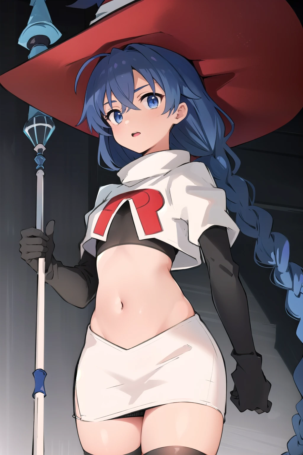 1girl, solo, roxy migurdia, blue hair, long hair, low twin braids, hair ribbon, hair between eyes, ahoge, blue eyes, small breasts, witch hat, team rocket,team rocket uniform,white skirt,red letter R,crop top,black thigh-highs,black elbow gloves, holding staff, looking at viewer, 