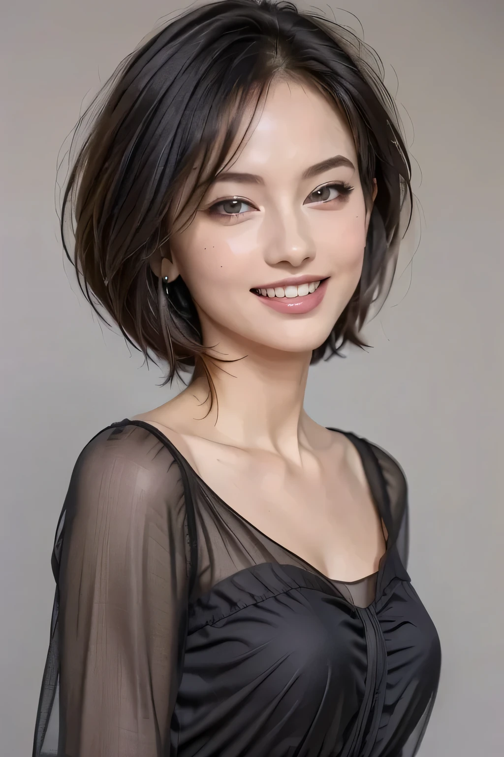 ((masterpiece)), (( best quality)), ((8k)), (( surreal)), ((Realistic)), (Mature), ((No classes)), very detailed, (1 female), Beautiful and exquisite, (Beautiful Teeth), Grin, brunette pixie cut, Brown Eyes , ((blouse)), ( upper body), ((background:Nothing gray one color )), Perfect Eyes, Eyes that steal your heart , Staring at the Audience