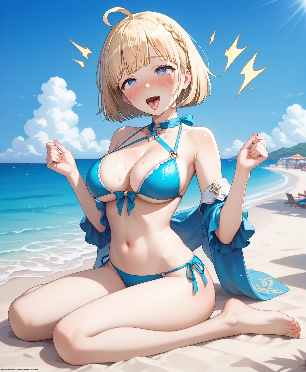 looking at the spectator , the better quality, masterpiece , NSFW,  Anatomically correct , source_anime, a sexy girl (sexy full body, Short Hair, fringe, blonde hair, blue eyes, Ahoge, blush, spark, ahegao,  big breasts ,  thin waist ,  Big butt ),  Dressed in a sexy blue and mature bikini  with great skin exposure, On the beach in an exclusive place enjoying the sun, De pie frente al espectador, modelando con sensualidad,