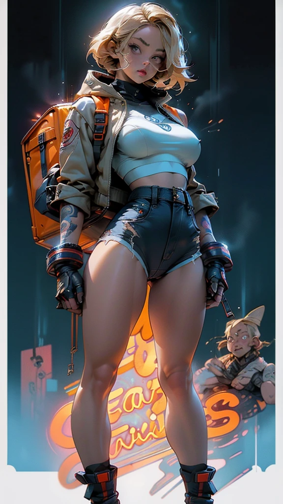 A woman, 25 age, blond, big breasts, wide hips, amber eyes, thick thighs, blue jacket, leather gloves, harness, gun holster, backpack, arm tattoos, soft skin, hooded, sexy pose, tight sturdy short shorts, cameltoe