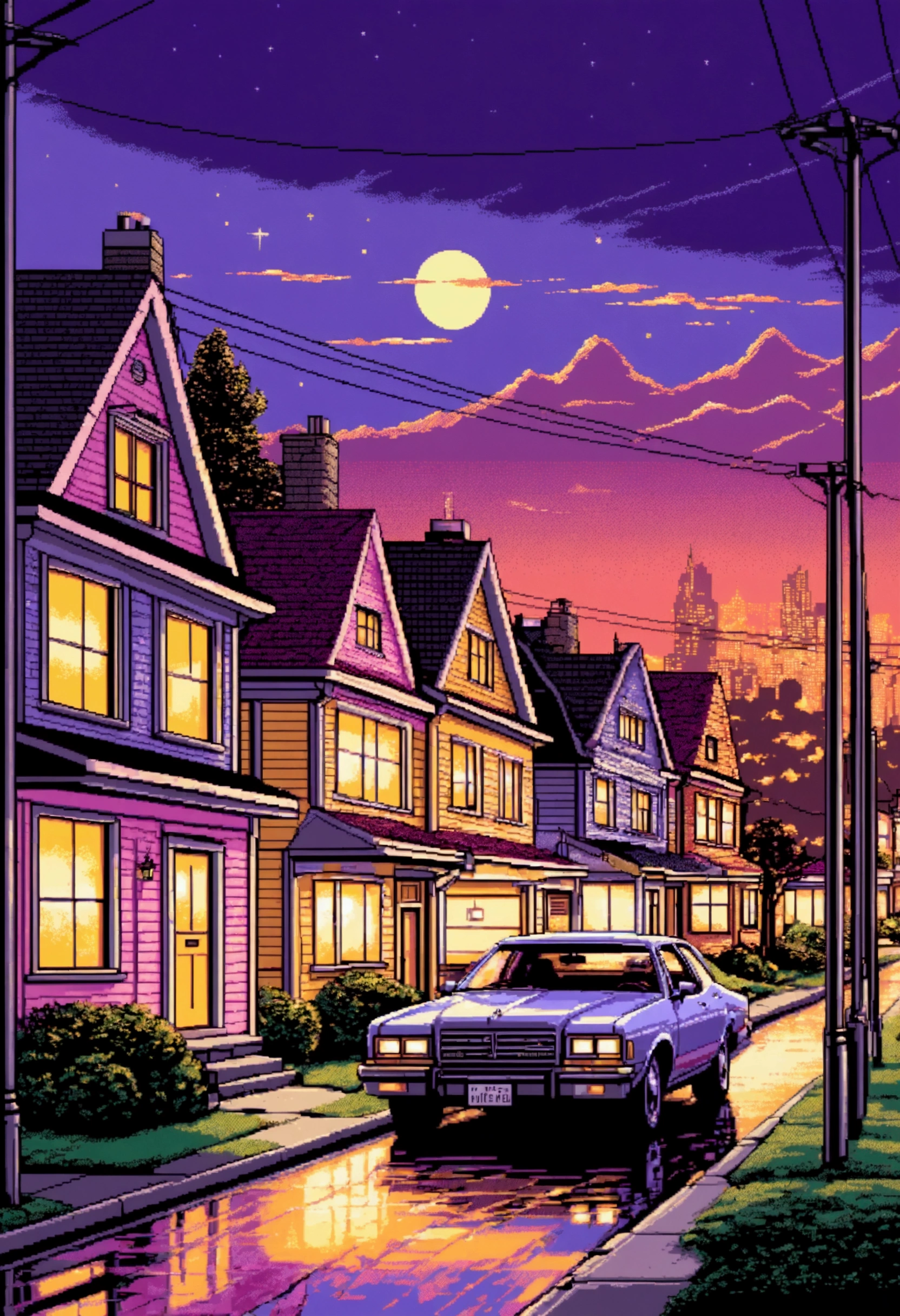 Epic mobile wallparer in 4k quality, stunning 32 bit pixel art style, high detailed artwork, masterpiece, retro gaming, a serene suburban street at night, illuminated by warm yellow streetlights and glowing windows of 1980s-style houses. Vintage cars are parked along the sidewalk, their reflections shimmering in puddles on the asphalt. Above, a starry sky fades into soft pink and purple hues, evoking a dreamy retro aesthetic.