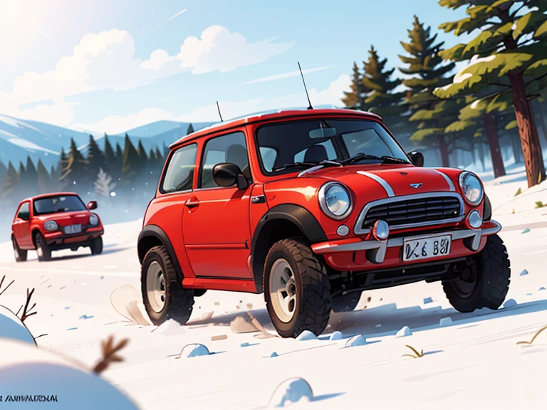 Octane rendering、( HYPER DETAILS : 1.2)、(Soft light、sharp: 1.2)、morning、Snow trails、Snow trails，very small old red modified mini car rally car，Front spoiler，Rear wing，Over fender，Very short dress、Cute young girl，Driving a car，Dynamic Driving Experience，winter，winter Rally，Fast and Agile，Jump， sneakers， anatomically accurate ，Laughter， dazzling light ，It will happen:1.2，Tamiya box art:1.2，