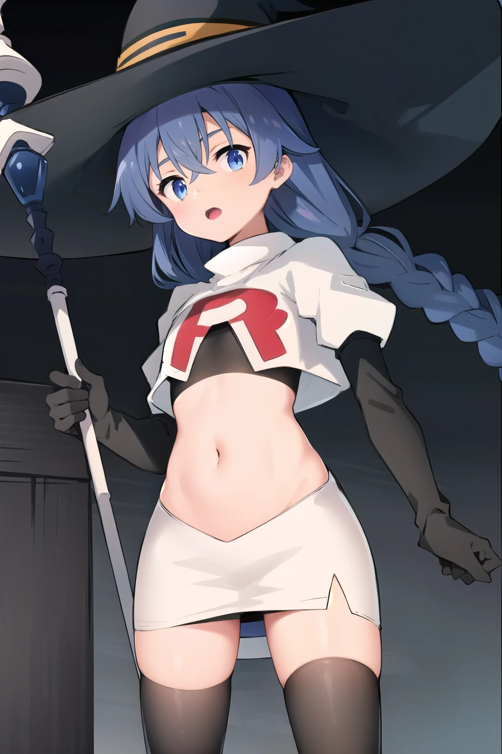 1girl, solo, roxy migurdia, blue hair, long hair, low twin braids, hair ribbon, hair between eyes, ahoge, blue eyes, small breasts, witch hat, team rocket,team rocket uniform,white skirt,red letter R,crop top,black thigh-highs,black elbow gloves, holding staff, looking at viewer, 