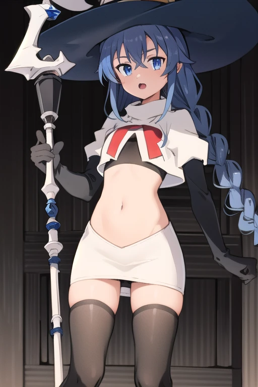 1girl, solo, roxy migurdia, blue hair, long hair, low twin braids, hair ribbon, hair between eyes, ahoge, blue eyes, small breasts, witch hat, team rocket,team rocket uniform,white skirt,red letter R,crop top,black thigh-highs,black elbow gloves, holding staff, looking at viewer, 