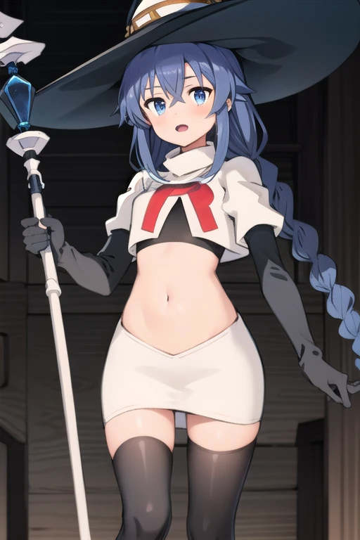 1girl, solo, roxy migurdia, blue hair, long hair, low twin braids, hair ribbon, hair between eyes, ahoge, blue eyes, small breasts, witch hat, team rocket,team rocket uniform,white skirt,red letter R,crop top,black thigh-highs,black elbow gloves, holding staff, looking at viewer, 