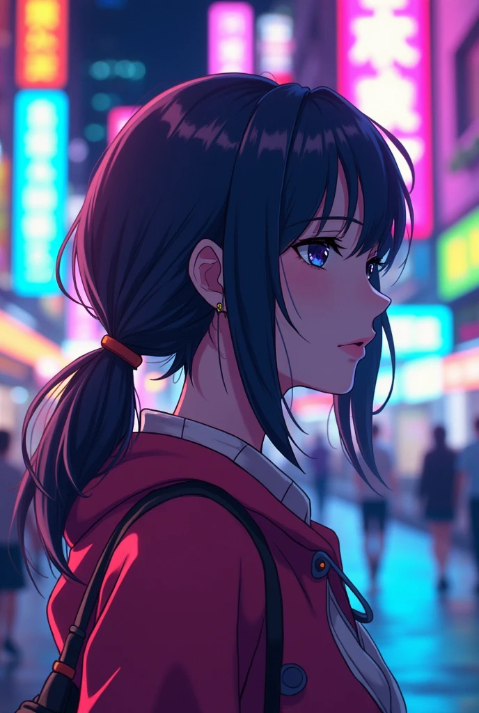 Colorful profile picture of a female character in an anime style. It has distinct characteristics from the anime Oshi no Ko. The scene takes place in a futuristic city with neon lights. The environment is exciting and adventurous. The camera settings are a digital camera with a low ISO setting. The lens is a zoom lens with a medium aperture. The character design is inspired by Japanese illustrator and animator, Akiko Stehrenberger, and photographed by Makoto Shinkai, the director of Your Name