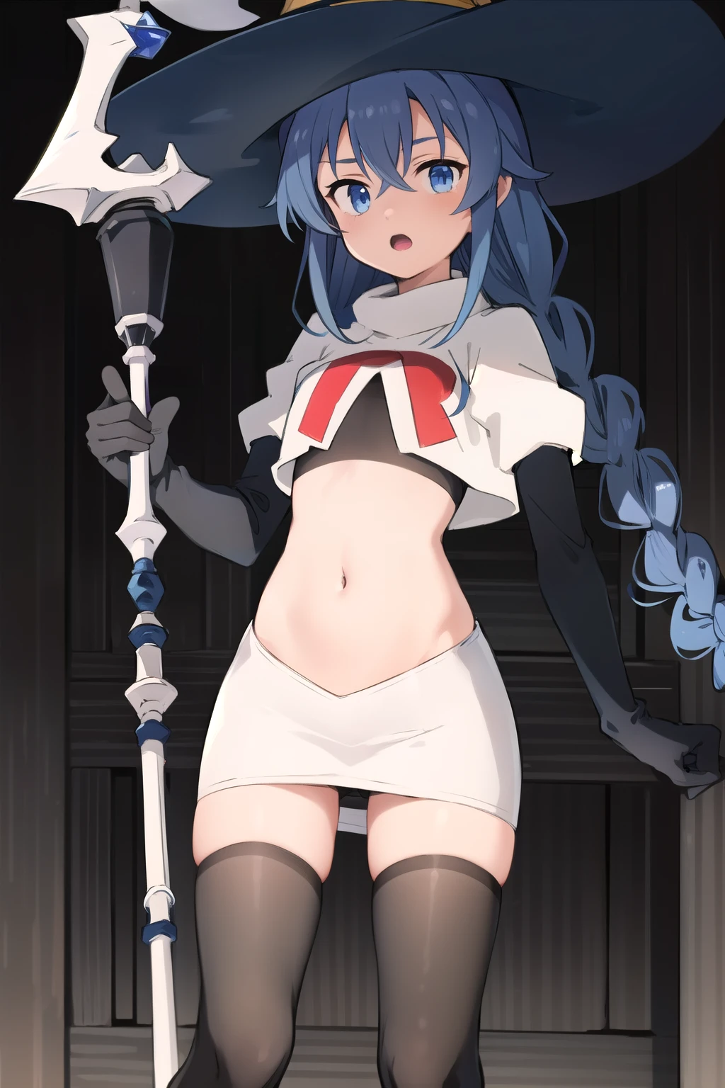 1girl, solo, roxy migurdia, blue hair, long hair, low twin braids, hair ribbon, hair between eyes, ahoge, blue eyes, small breasts, witch hat, team rocket,team rocket uniform,white skirt,red letter R,crop top,black thigh-highs,black elbow gloves, holding staff, looking at viewer, 