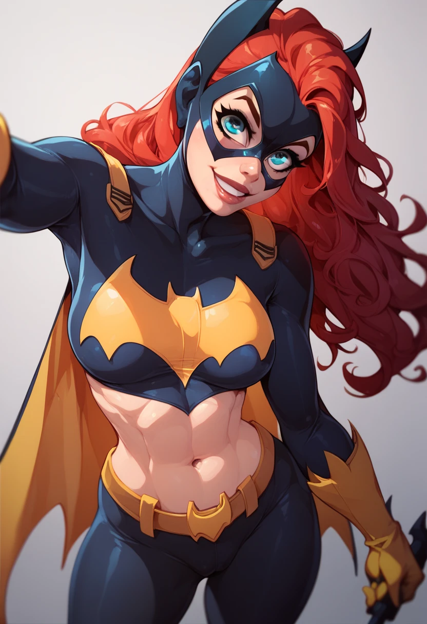 NSFW, a sexy superheroine in a tight spandex costume, batgirl, petite, stretched spandex, perky chest, slutty pose, red hair and blue eyes, 