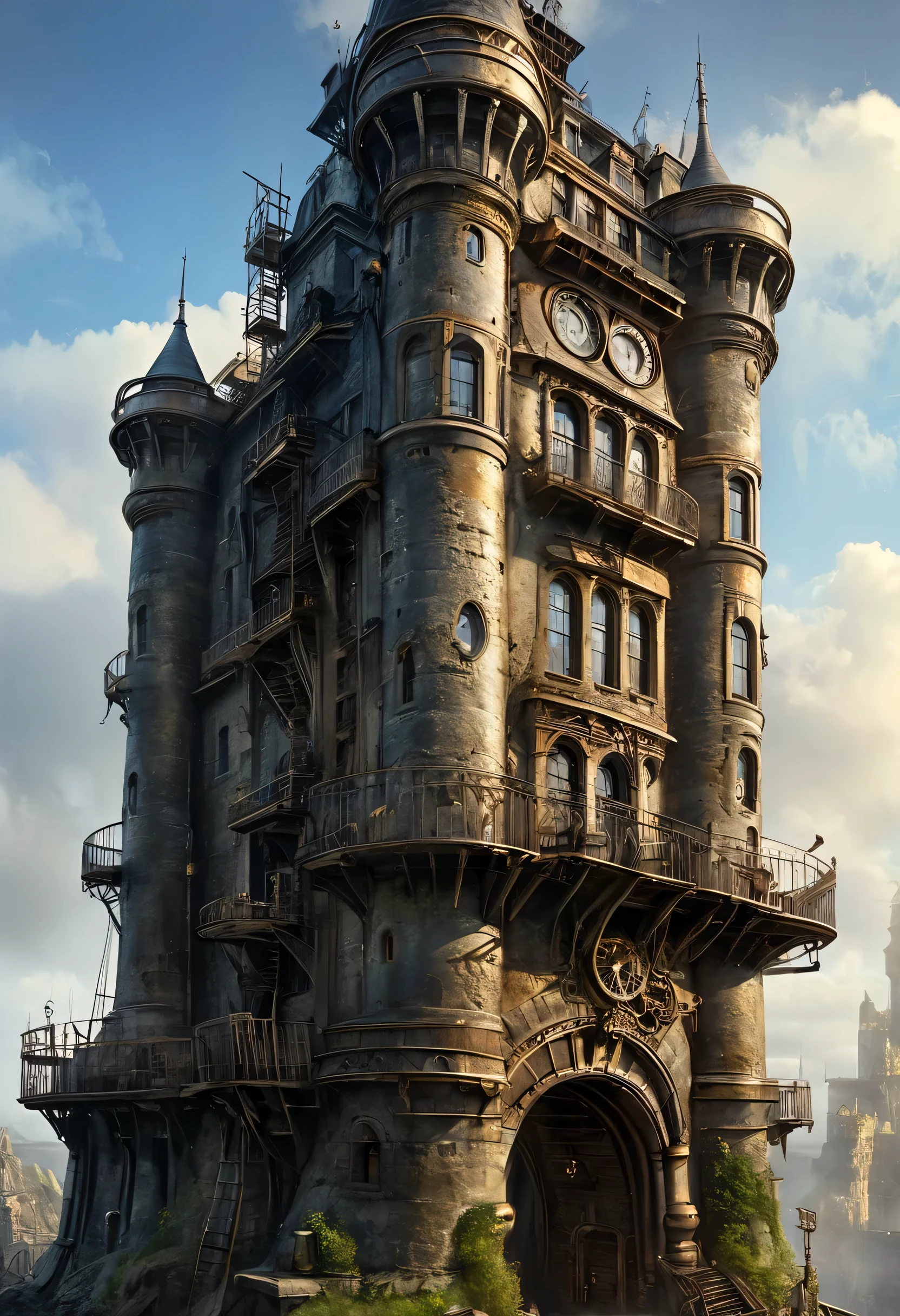 a steampunk lonely big tower, fantasy atmosphere, realistic,  cinematic, long stairs 