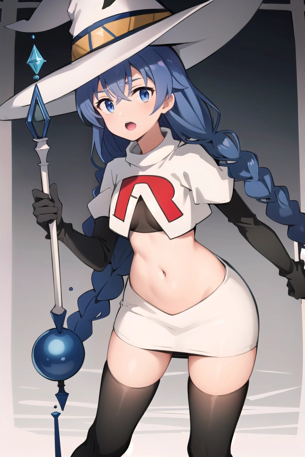 1girl, solo, roxy migurdia, blue hair, long hair, low twin braids, hair ribbon, hair between eyes, ahoge, blue eyes, small breasts, witch hat, team rocket,team rocket uniform,white skirt,red letter R,crop top,black thigh-highs,black elbow gloves, holding staff, looking at viewer, 