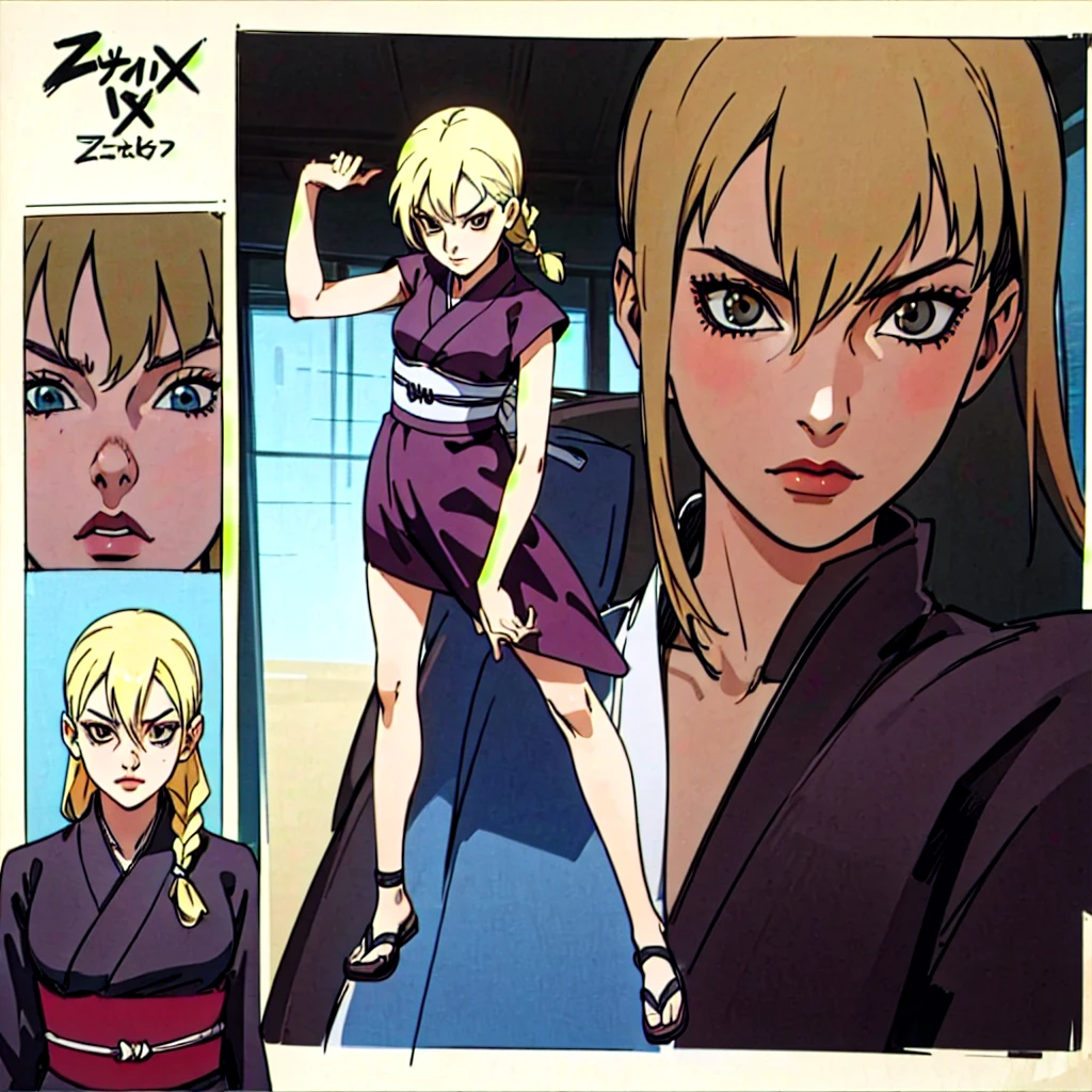 Character design sheet , Same character, front, side, back),  illustration, 1 girl, blondie, hairpin, bangs, hairstyle fax , eyes,  environment Scene change , hairstyle fax , Pose Zitai, female,  kunoichi kimono, Full body character sheet, blonde hair, Single braid,  High resolution,  masterpiece,  Anatomically correct ,  The best quality