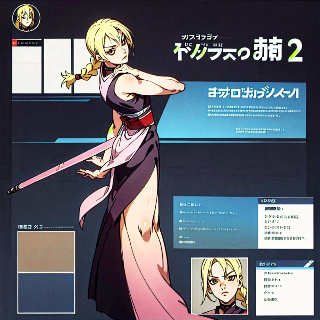 Character design sheet , Same character, front, side, back),  illustration, 1 girl, blondie, hairpin, bangs, hairstyle fax , eyes,  environment Scene change , hairstyle fax , Pose Zitai, female,  kunoichi kimono, Full body character sheet, blonde hair, Single braid,  High resolution,  masterpiece,  Anatomically correct ,  The best quality