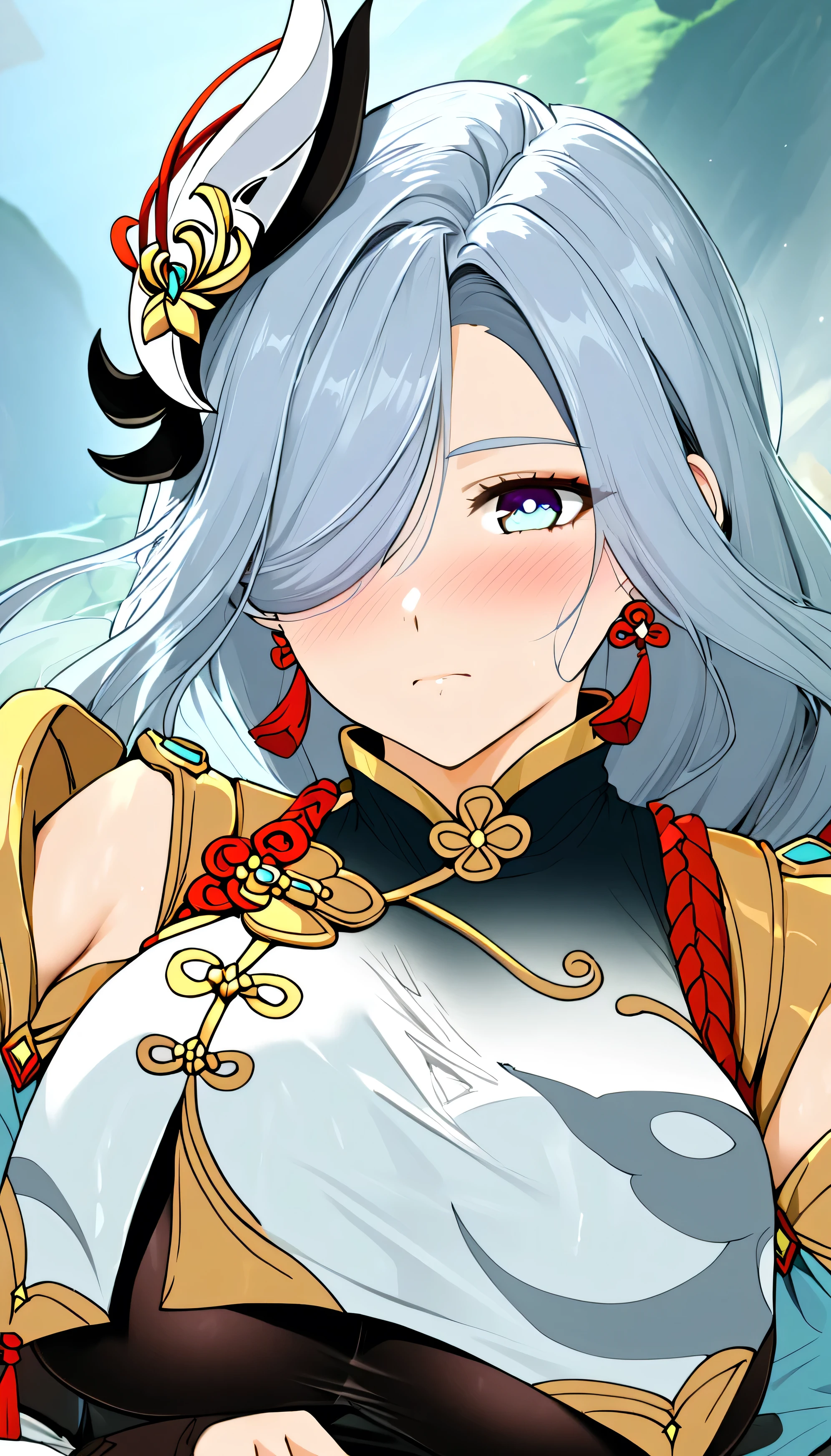 himeko from the fate series in armor himeko and her sister yuko from fate zero, 1girl, shenhe (genshin impact), breasts, solo, blue eyes, large breasts, hair over one eye, looking at viewer, long hair, hair ornament, breast curtain, jewelry, blush, grey hair, earrings, 4K, , look at viewer, best quality, detail, HD, high resolution, masterpiece, textured skin, low sparkle, low bloom, motion blur, cheeks flushed, anime, beautiful, simple art