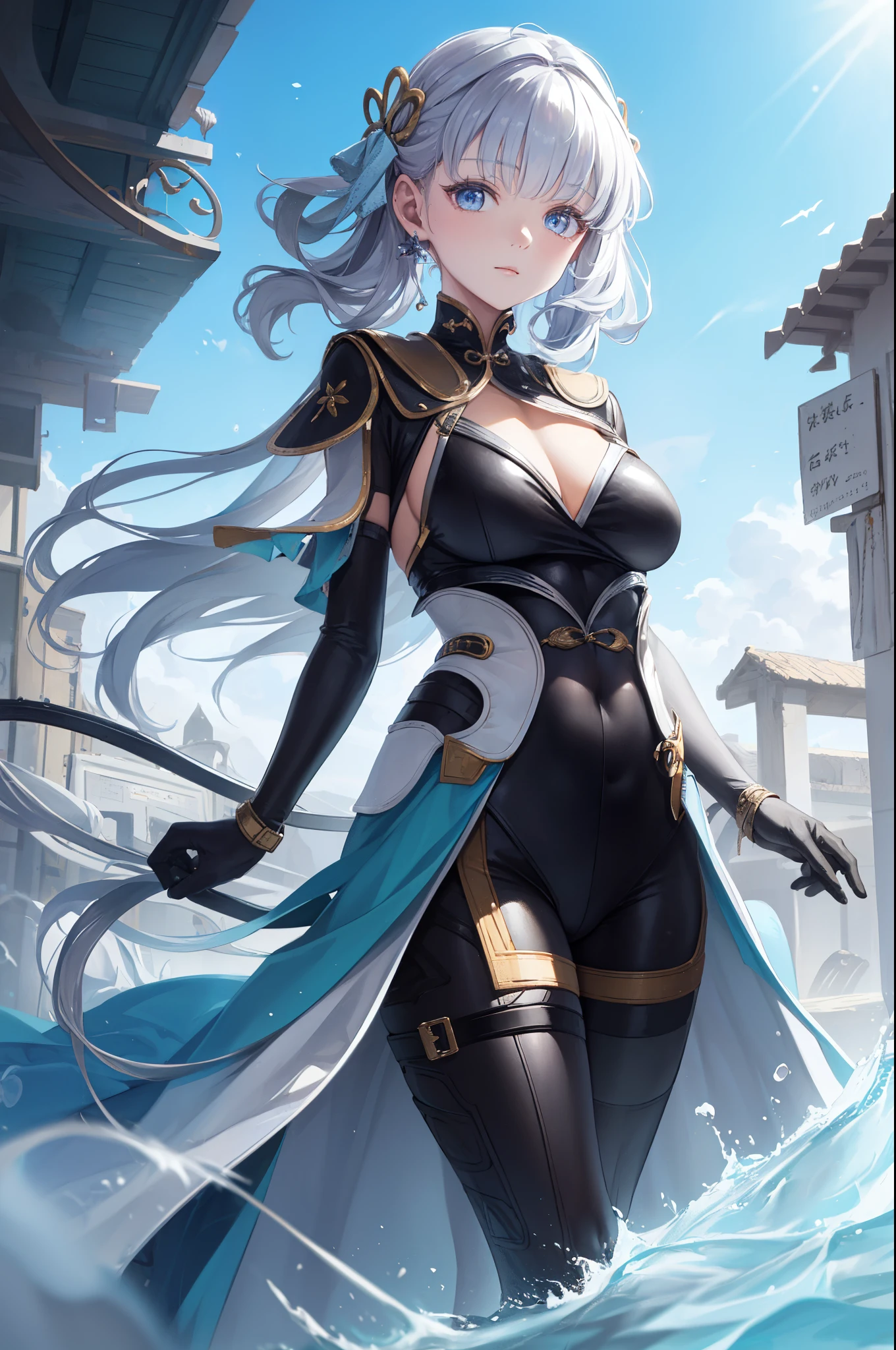 ( Best Quality ,4K,8K, high resolution ,masterpiece:1.2), extremely detailed,Mature Woman,, magic ,Charm,joy, Holy Goddess , magic al effect,Silver Hair, blue eyes,One-piece rubber suit，boots