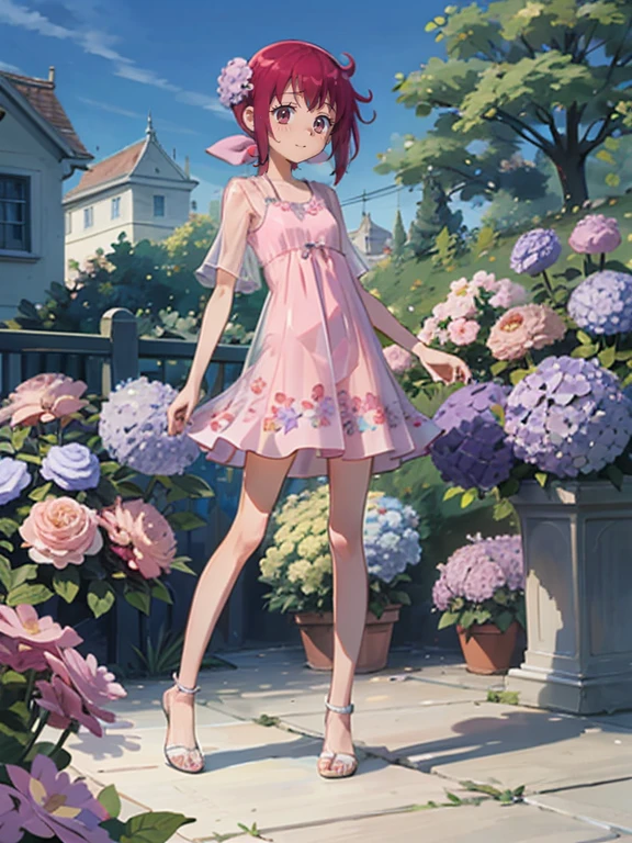 ， Real Skin, , Very short， very thin thighs，，Small :1.3，((Full body transparent:1.3)  floral casual dress)， cute underwear，outside，Midsummer Garden ，Hydrangea flowers，