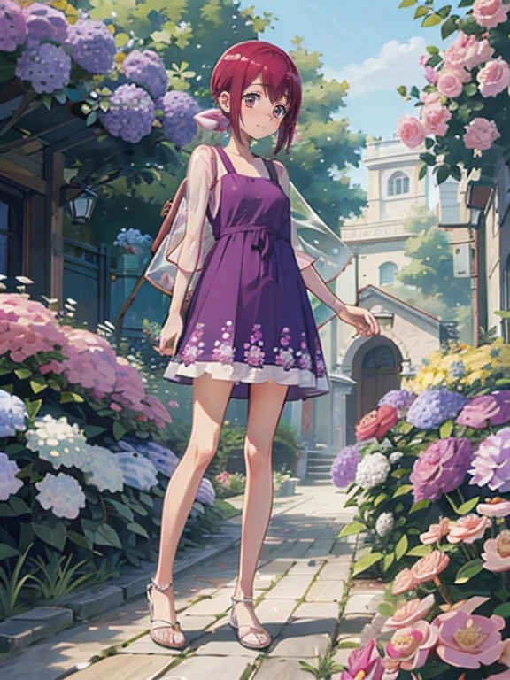 ， Real Skin, , Very short， very thin thighs，，Small :1.3，((Full body transparent:1.3)  floral casual dress)， cute underwear，outside，Midsummer Garden ，Hydrangea flowers，