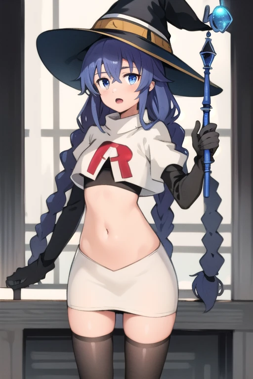 1girl, solo, roxy migurdia, blue hair, long hair, low twin braids, hair ribbon, hair between eyes, ahoge, blue eyes, small breasts, witch hat, team rocket,team rocket uniform,white skirt,red letter R,crop top,black thigh-highs,black elbow gloves, holding staff, looking at viewer, 