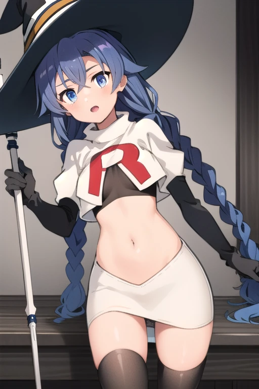 1girl, solo, roxy migurdia, blue hair, long hair, low twin braids, hair ribbon, hair between eyes, ahoge, blue eyes, small breasts, witch hat, team rocket,team rocket uniform,white skirt,red letter R,crop top,black thigh-highs,black elbow gloves, holding staff, looking at viewer, 