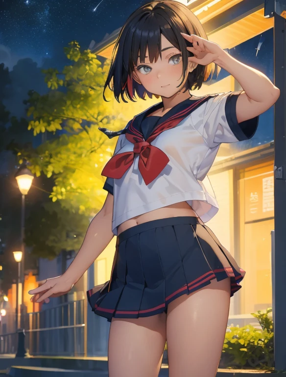 (masterpiece,  best quality,  best quality)，16k，  very young  ，， very cute ，Alone,baby face，blonde， black hair，Colorful hair，Very short，Very small ass， very thin thighs，Bruises and Gestures，( Short-sleeved Sailor Uniform :1.3)， miniskirt that snaps around the knee，exterior，Night Park，Night Sky,