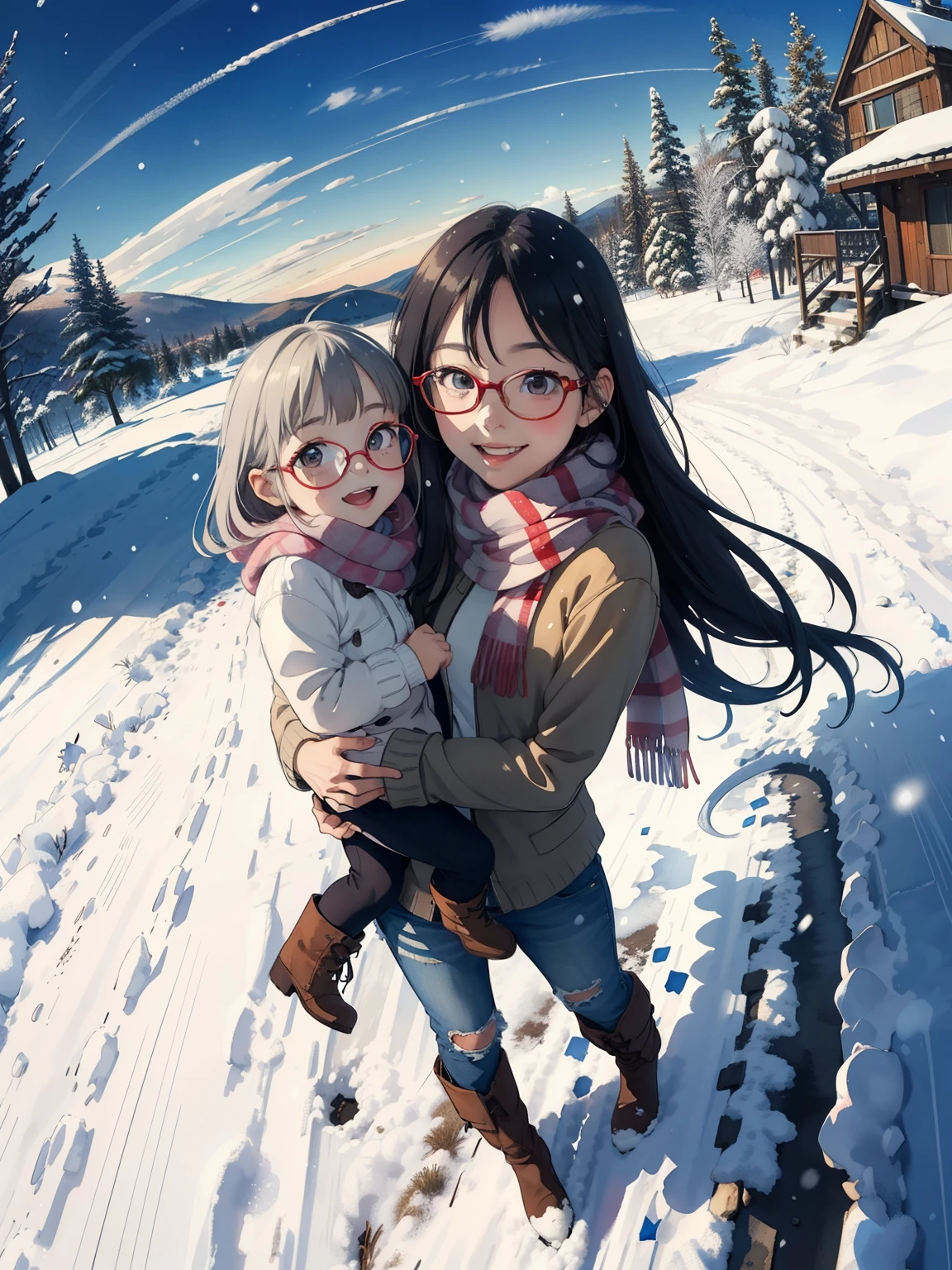 masterpiece， best quality， High image quality ，( super flat ,   flat shading  )， Fisheye Lens ，Beautiful petite trained young mother and very cute trained daughter:1.25，  warm scarf， (naked)，Long Hair, Glasses， boots, smile, smile, White Breath，fun, play, winter, snow, 新snow，dusk， Beautiful Sunset ，Wide angle,  bright color , watercolor, Ghibli style，Strong winds， girl&#39;lure，