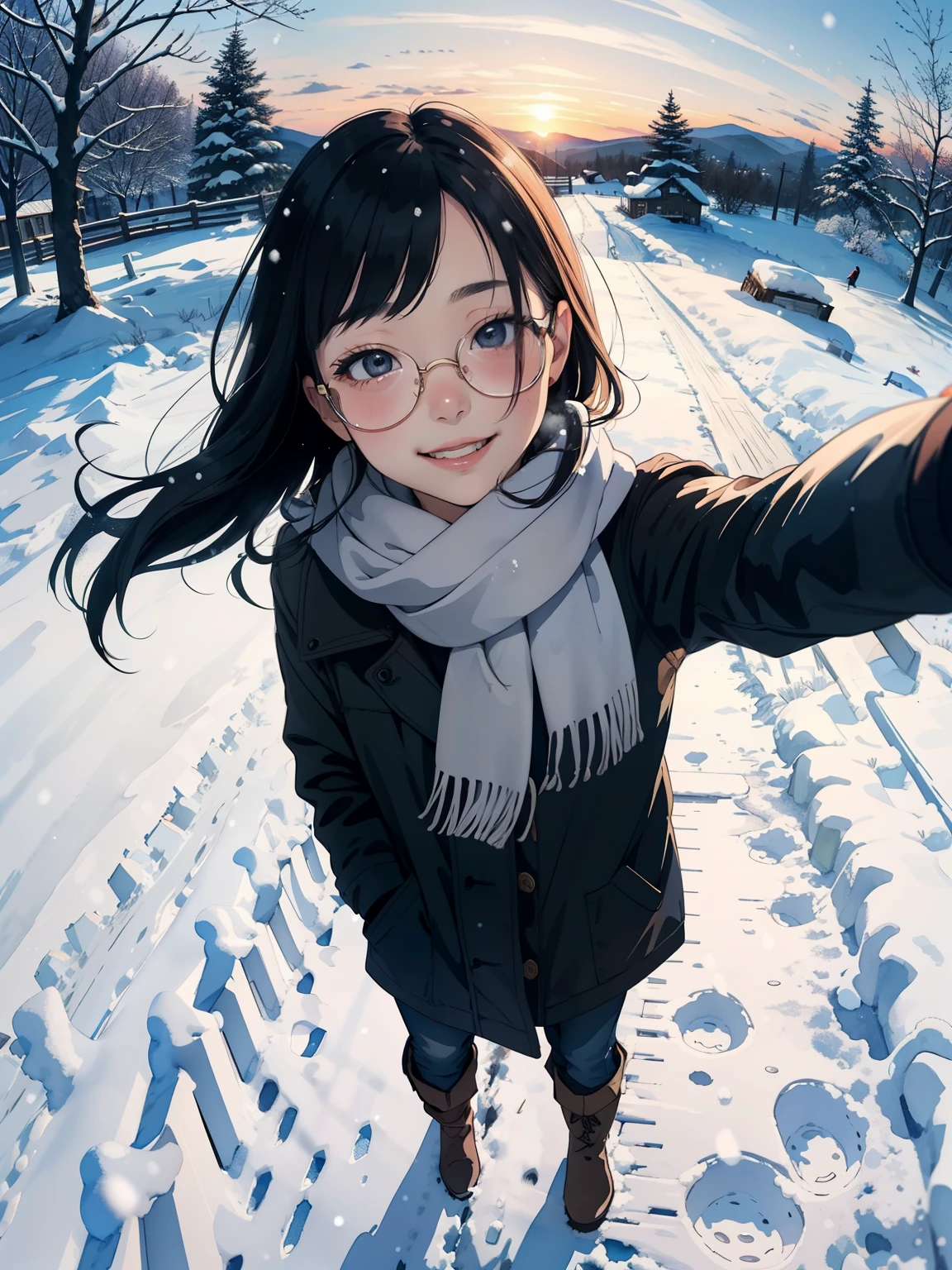 masterpiece， best quality， High image quality ，( super flat ,   flat shading  )， Fisheye Lens ，Beautiful petite trained young mother and very cute trained daughter:1.25，  warm scarf， (naked)，Long Hair, Glasses， boots, smile, smile, White Breath，fun, play, winter, snow, 新snow，dusk， Beautiful Sunset ，Wide angle,  bright color , watercolor, Ghibli style，Strong winds， girl&#39;lure，