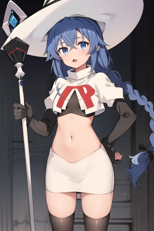 1girl, solo, roxy migurdia, blue hair, long hair, low twin braids, hair ribbon, hair between eyes, ahoge, blue eyes, small breasts, witch hat, team rocket,team rocket uniform,white skirt,red letter R,crop top,black thigh-highs,black elbow gloves, holding staff, looking at viewer, 