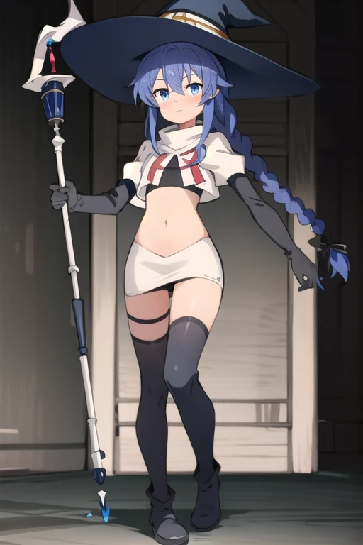 1girl, solo, roxy migurdia, blue hair, long hair, low twin braids, hair ribbon, hair between eyes, ahoge, blue eyes, small breasts, witch hat, team rocket,team rocket uniform,white skirt,red letter R,crop top,black thigh-highs,black elbow gloves, holding staff, looking at viewer, 