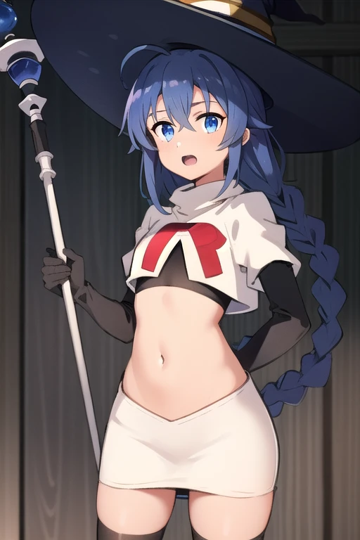 1girl, solo, roxy migurdia, blue hair, long hair, low twin braids, hair ribbon, hair between eyes, ahoge, blue eyes, small breasts, witch hat, team rocket,team rocket uniform,white skirt,red letter R,crop top,black thigh-highs,black elbow gloves, holding staff, looking at viewer, 